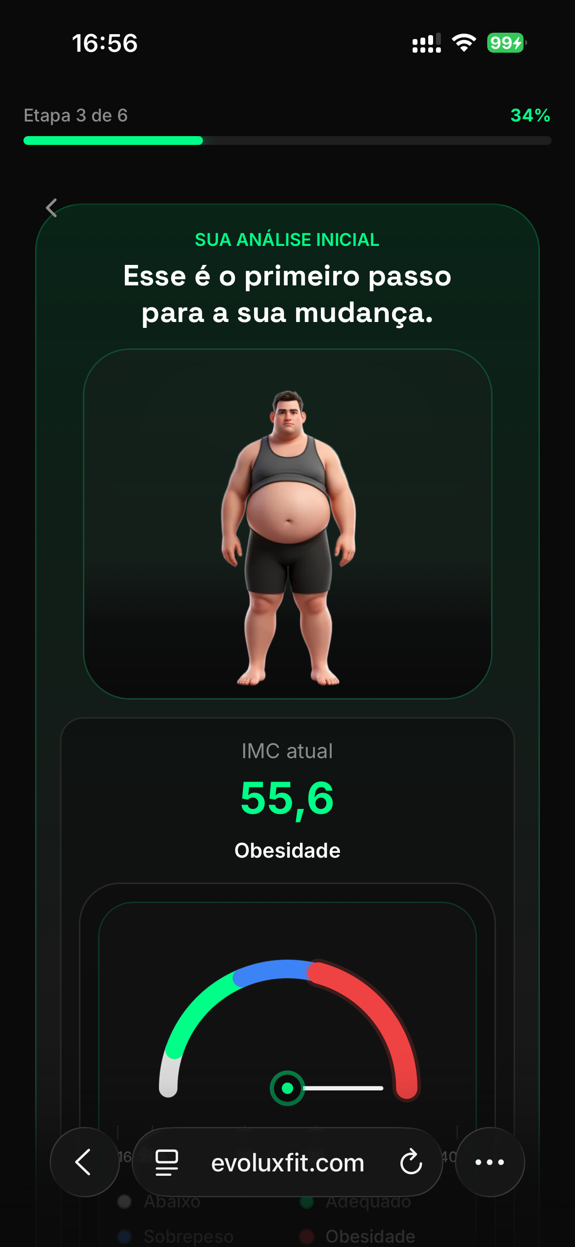 Tela de avaliação física do app EvoluxFit